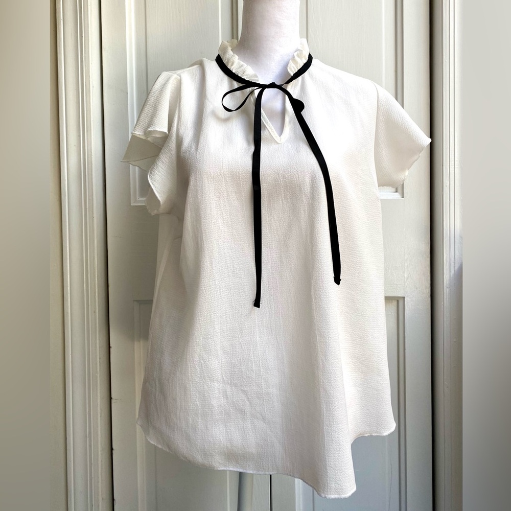 White Ruffle Tie-Neck Blouse